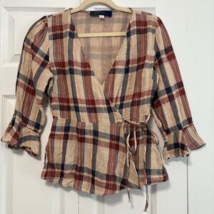 Francesca's Blue Rair Neutral Plaid Wrap Blouse with Ruffle Sleeves Medium